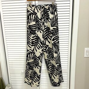 H&M Black and Cream Leaf Print Wide Leg Pants